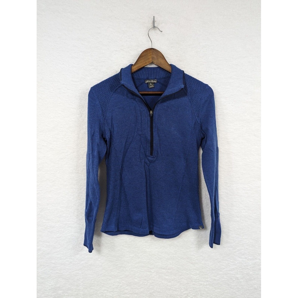 Eddie Bauer Top Womens S Blue Active Knit 1/4 Zip Pullover‎ Thumbholes Stretch